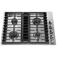 Stainless steel 30-inch gas downdraft cooktop with four burners and front control knobs in KitchenAid appliances collection