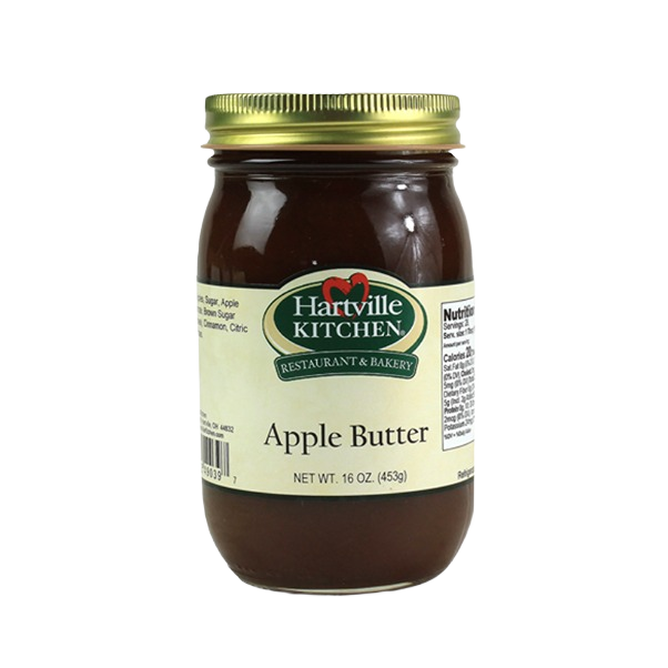 Glass jar of smooth apple butter with green lid from Hartville Kitchen jams and jellies collection under $25