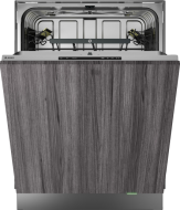 Built-in dishwasher with wood finish door panel and spacious stainless steel interior for kitchen and home improvement use