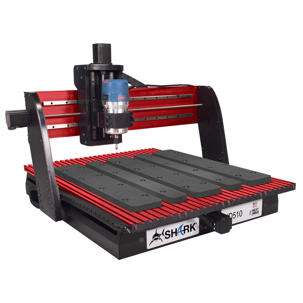 Compact CNC router featuring red aluminum frame with black spoil board strips for precision tools and home improvement tasks
