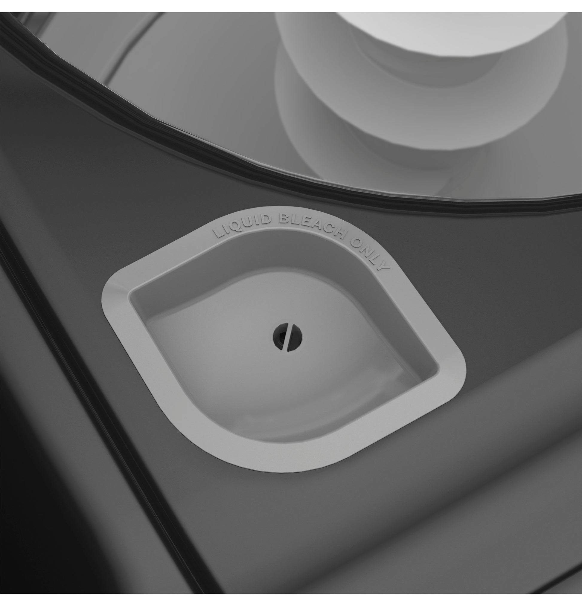 Close-up of liquid bleach dispenser compartment on black top load washer from Washers & Dryers collection