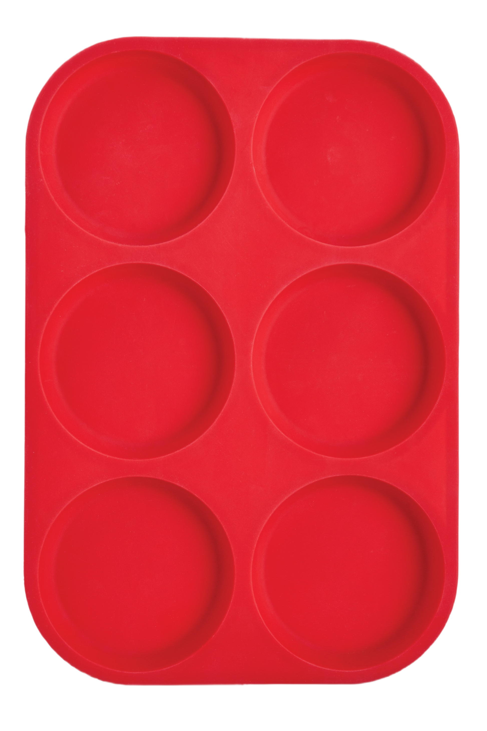 Red silicone 6-cup baking pan for muffins, tarts, and mini cheesecakes in kitchenware and bakeware collections
