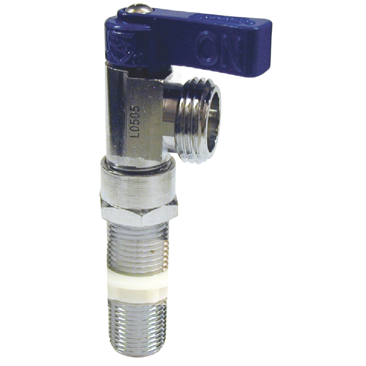 Metal washing machine valve with blue quarter-turn handle for controlling water flow in home improvement projects