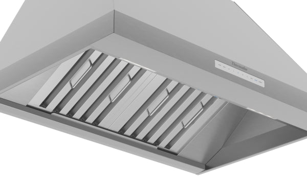 Stainless steel pyramid chimney hood with extended grease filters and digital control panel in kitchen appliances collection