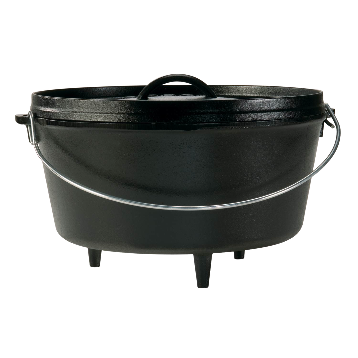 Black cast iron camp Dutch oven with lid, built-in legs, and metal bail handle for outdoor cooking in kitchenware collection