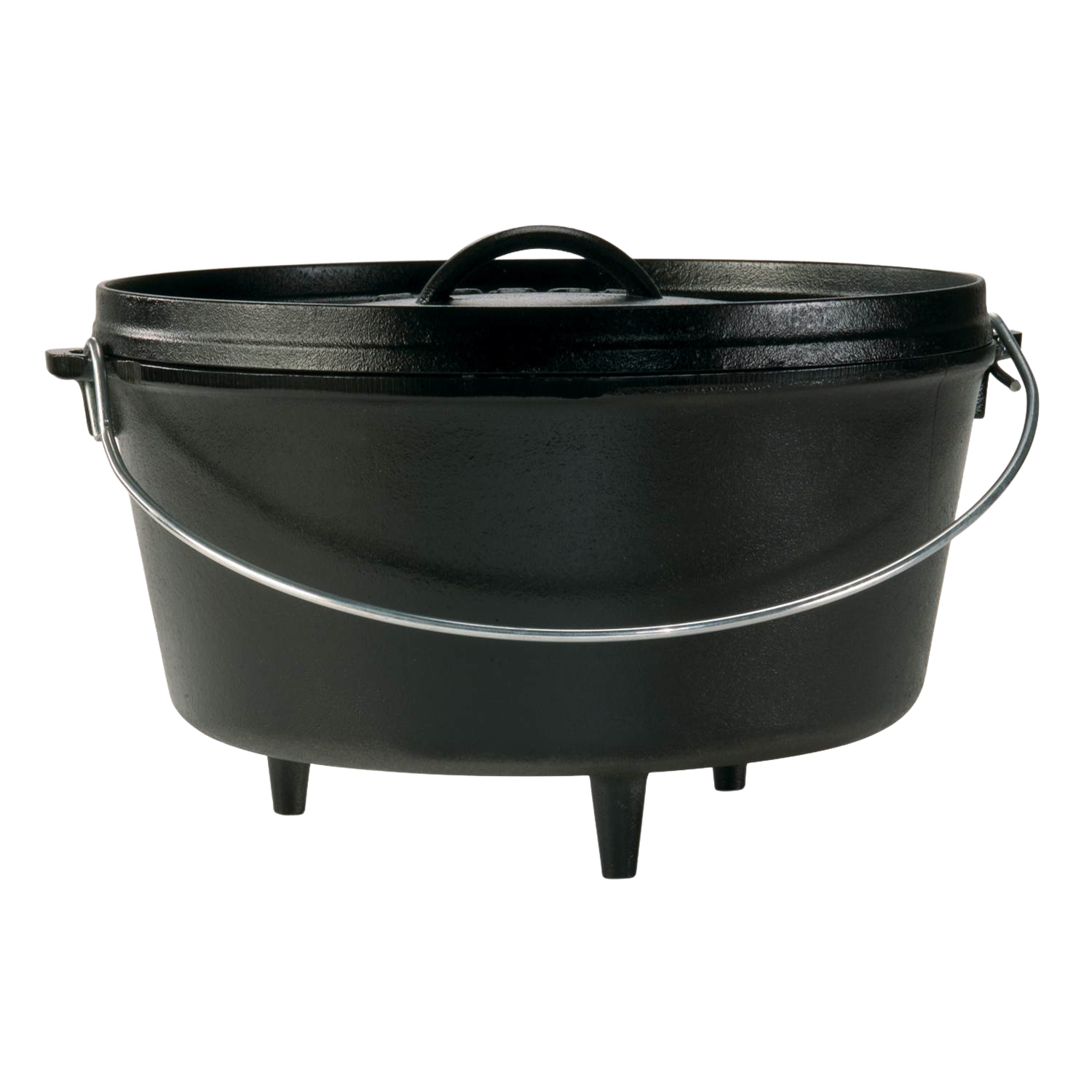 Black cast iron camp Dutch oven with lid, built-in legs, and metal bail handle for outdoor cooking in kitchenware collection