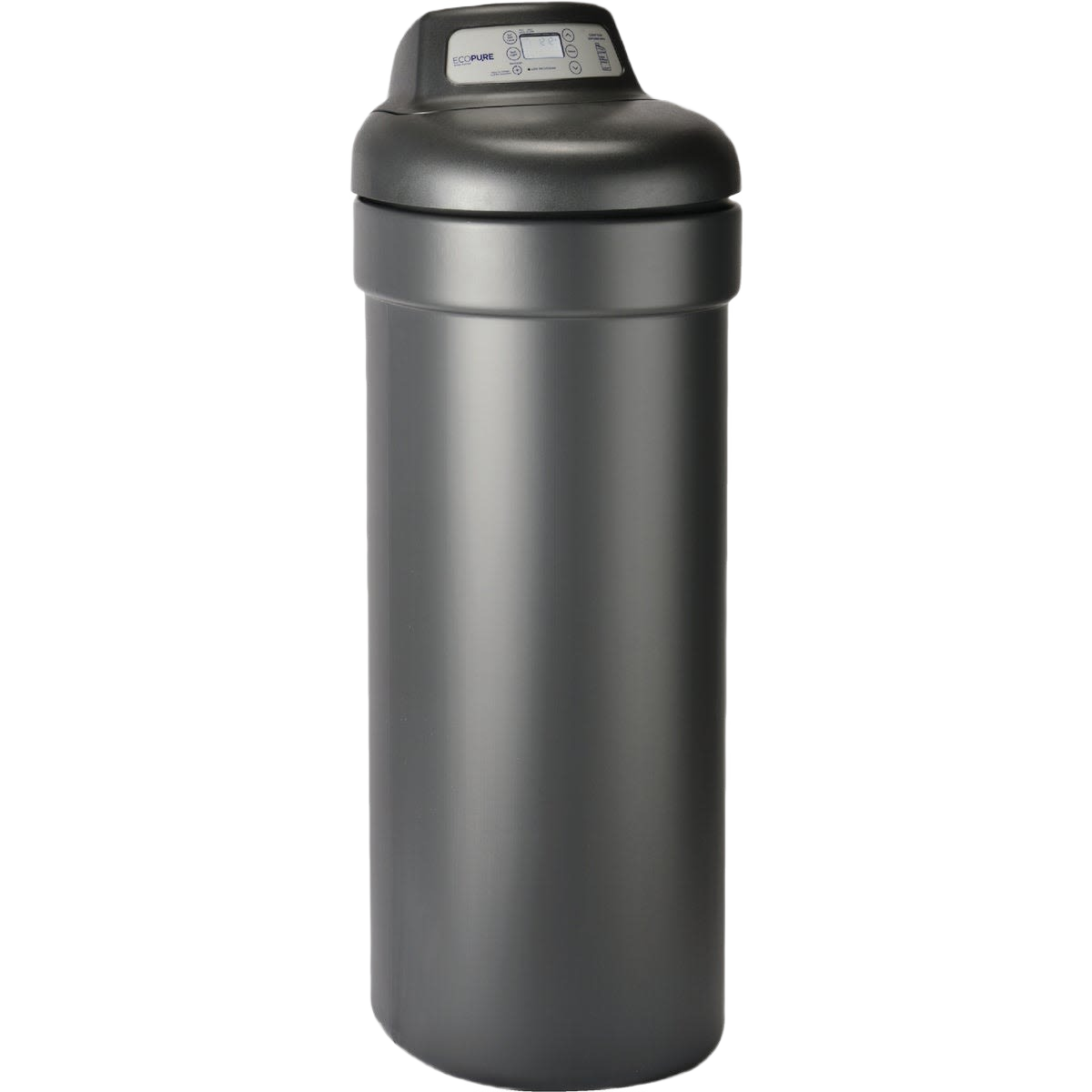 Tall black water softener tank with digital control panel for home water treatment systems