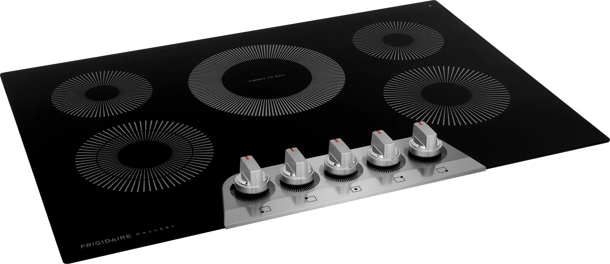 Black electric cooktop with five circular heating elements and silver control knobs in kitchen appliances collection