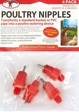 Set of four red plastic watering nipples designed to convert buckets or PVC pipes for poultry hydration systems.