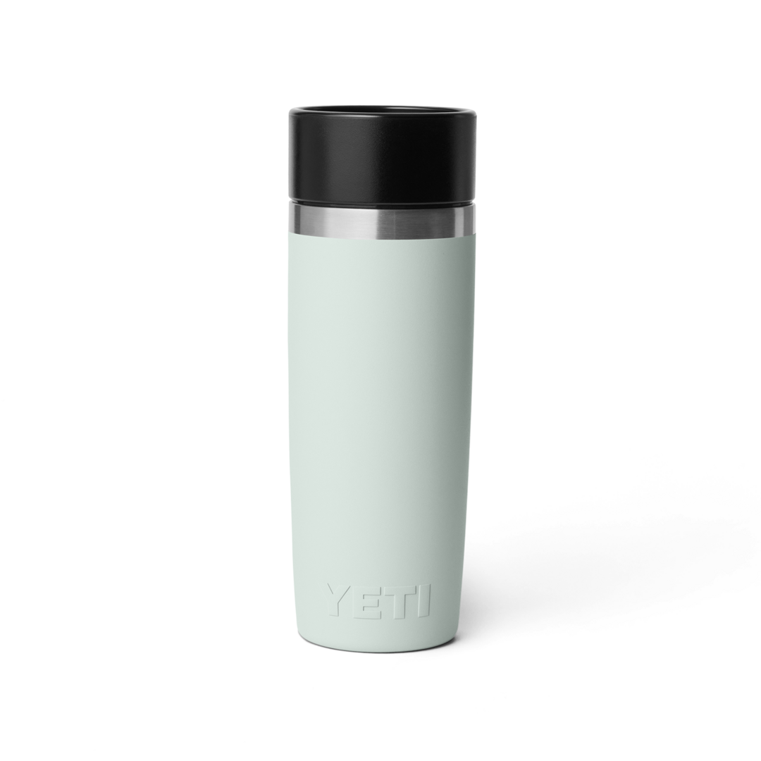Light green insulated 16 oz travel bottle with black lid and stainless steel band in drinkware and kitchenware collections