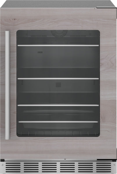 Under counter refrigerator with panel-ready wood grain door, glass window, stainless steel handle, and adjustable interior shelves