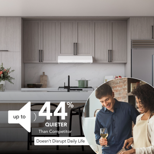White under-cabinet range hood in modern kitchen setting with quiet operation and sleek controls in Appliances and Kitchen collections