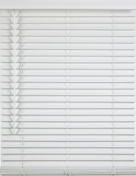 White faux wood cordless blinds with 2-inch slats for home improvement window treatments and light control