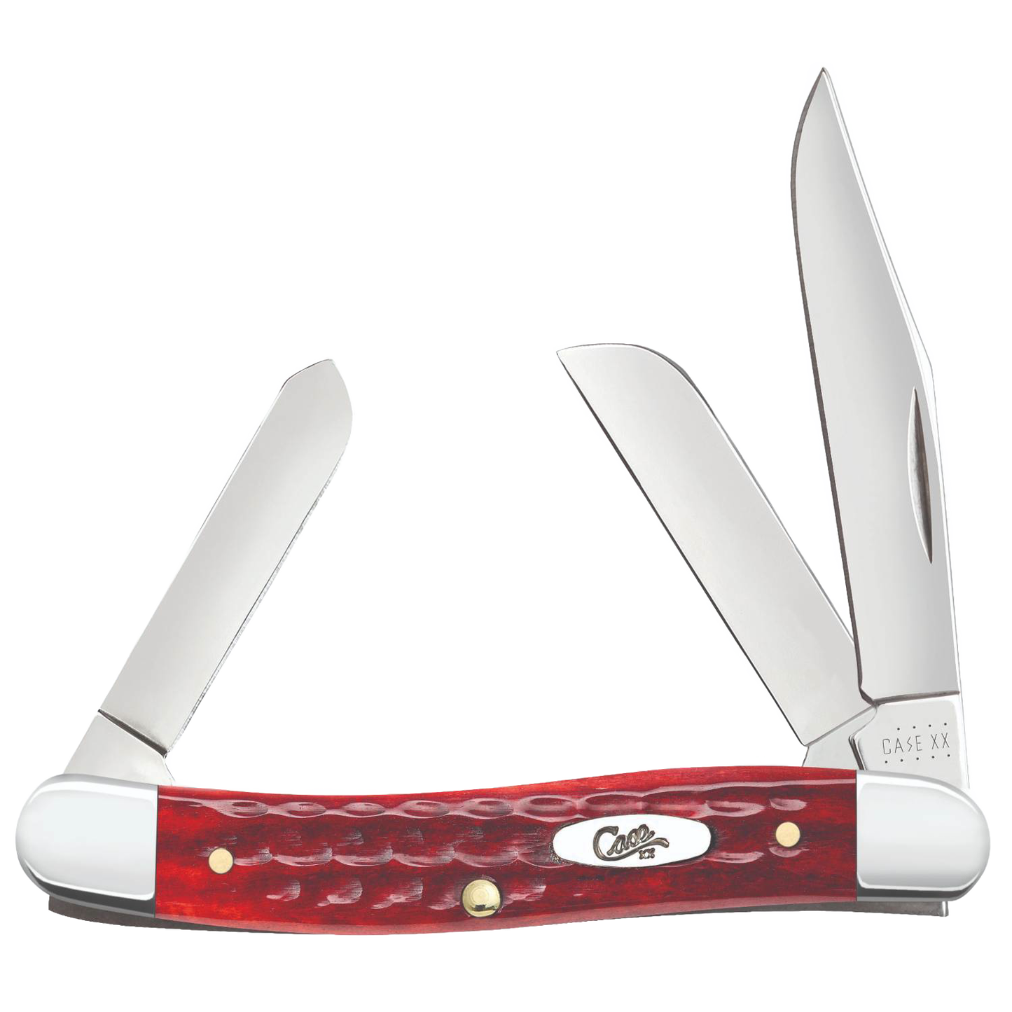 Traditional pocket knife with three stainless steel blades and textured red bone handle for woodworking and cutting tasks
