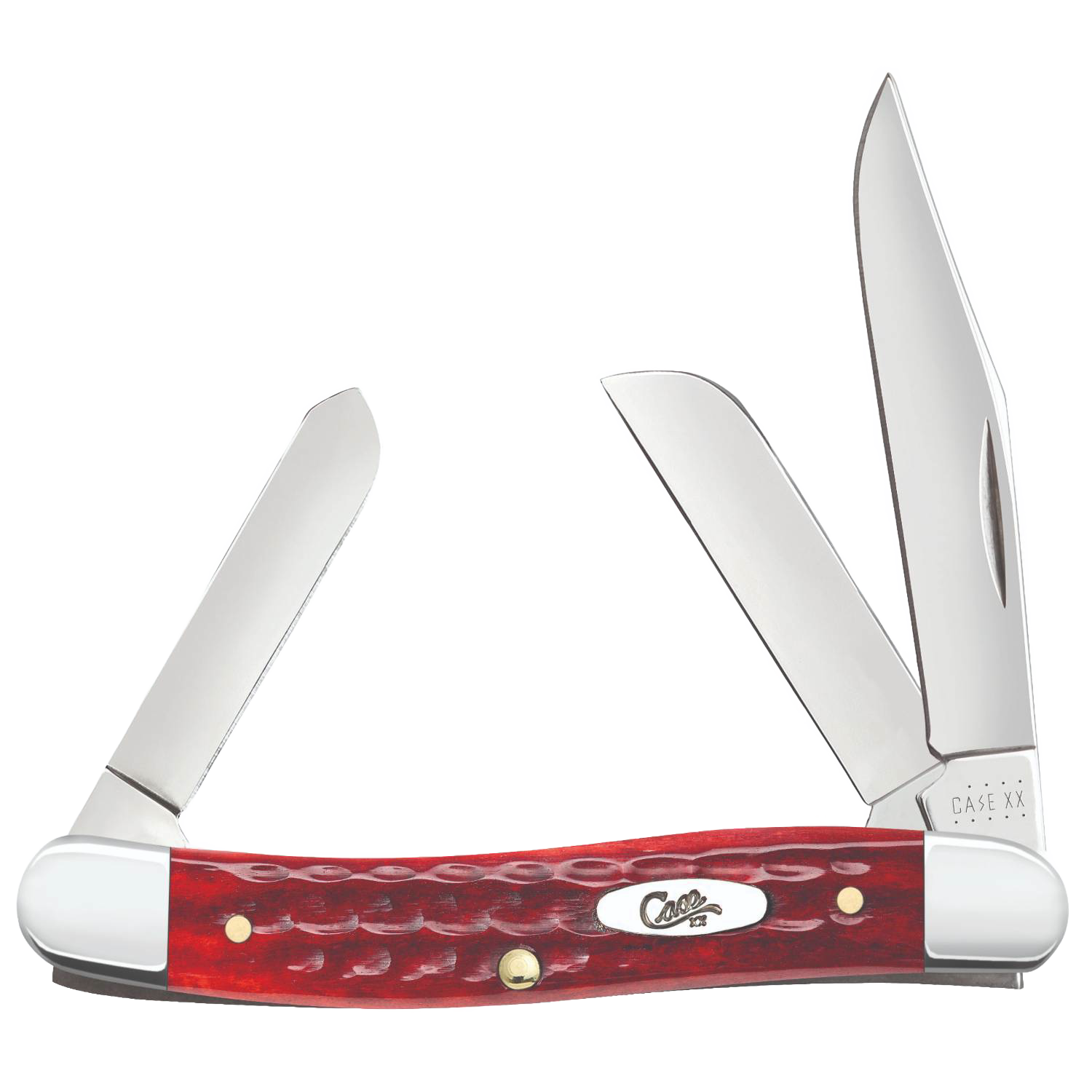 Traditional pocket knife with three stainless steel blades and textured red bone handle for woodworking and cutting tasks