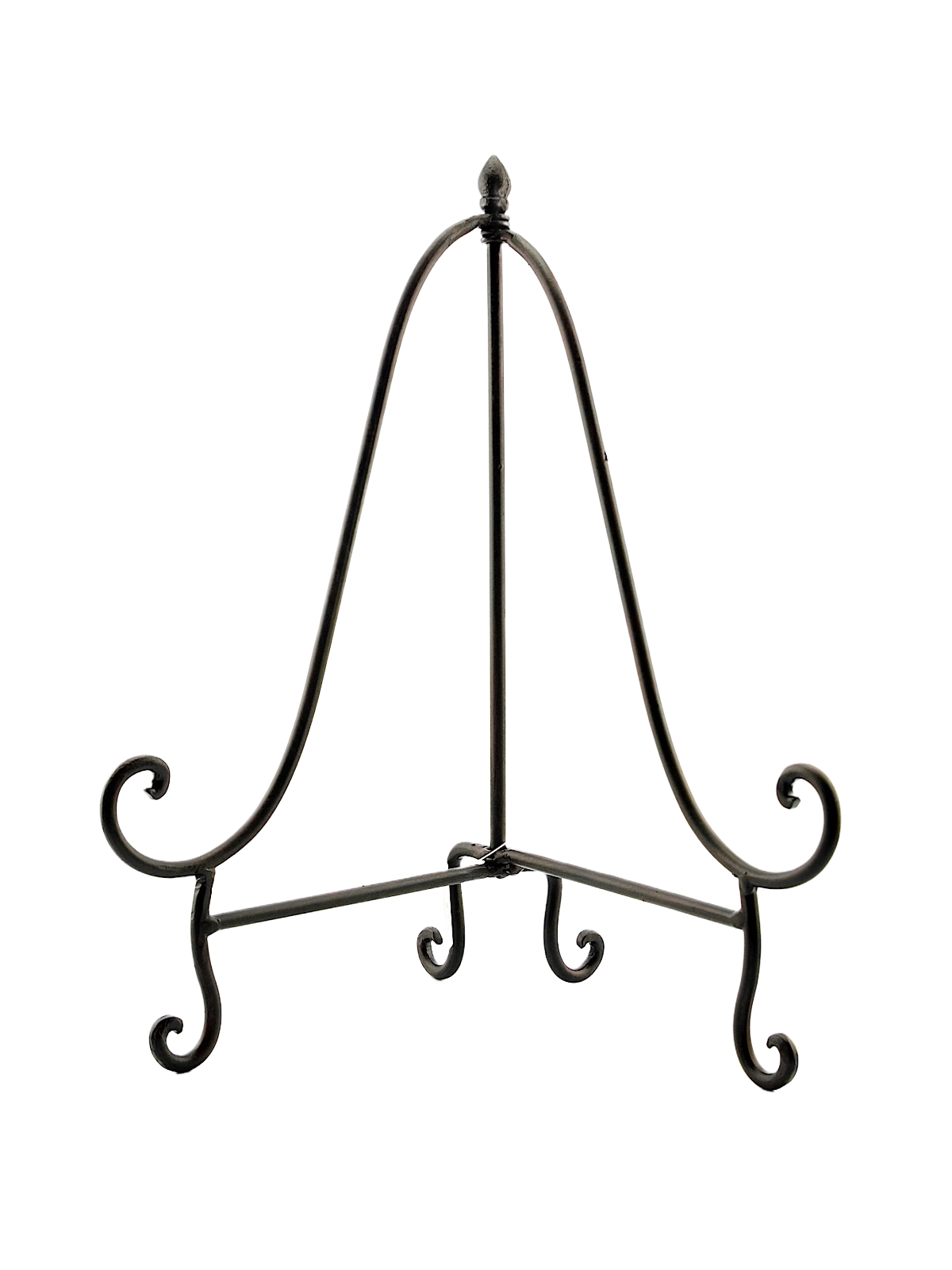 Ornate metal display easel with folding design and painted mahogany finish for elegant home decor accents.