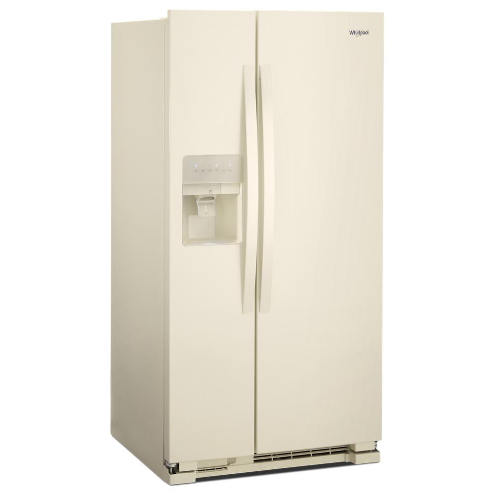 Cream Whirlpool side-by-side refrigerator with built-in water and ice dispenser in kitchen appliances collection