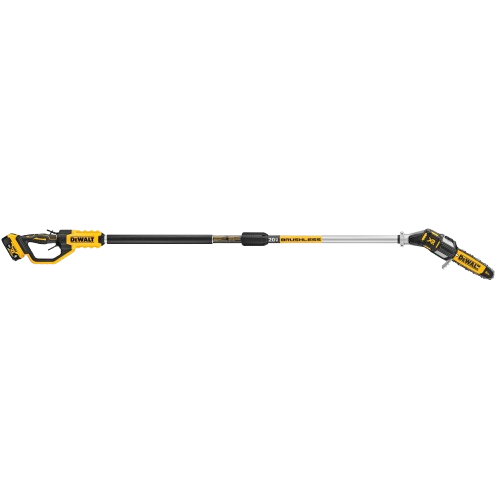 Cordless yellow and black extendable pole saw with brushless motor for trimming and outdoor home improvement tasks
