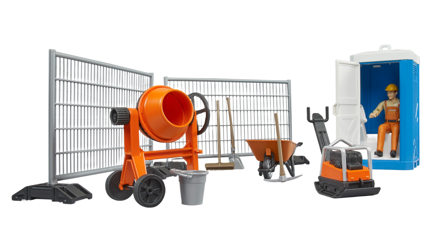 Orange toy cement mixer, wheelbarrow, fencing panels, tool set, miniature construction vehicle, and portable toilet with figure