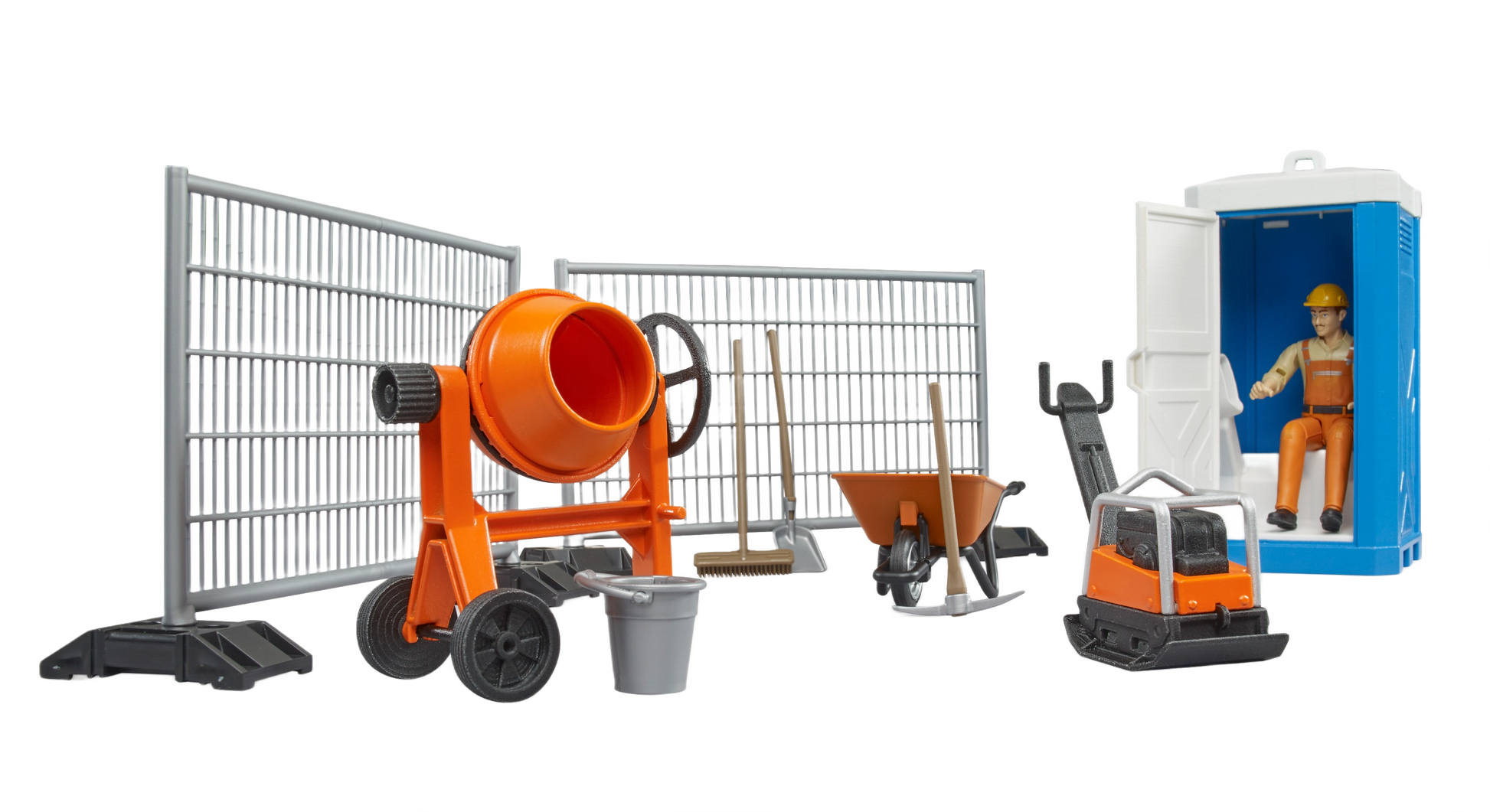 Orange toy cement mixer, wheelbarrow, fencing panels, tool set, miniature construction vehicle, and portable toilet with figure