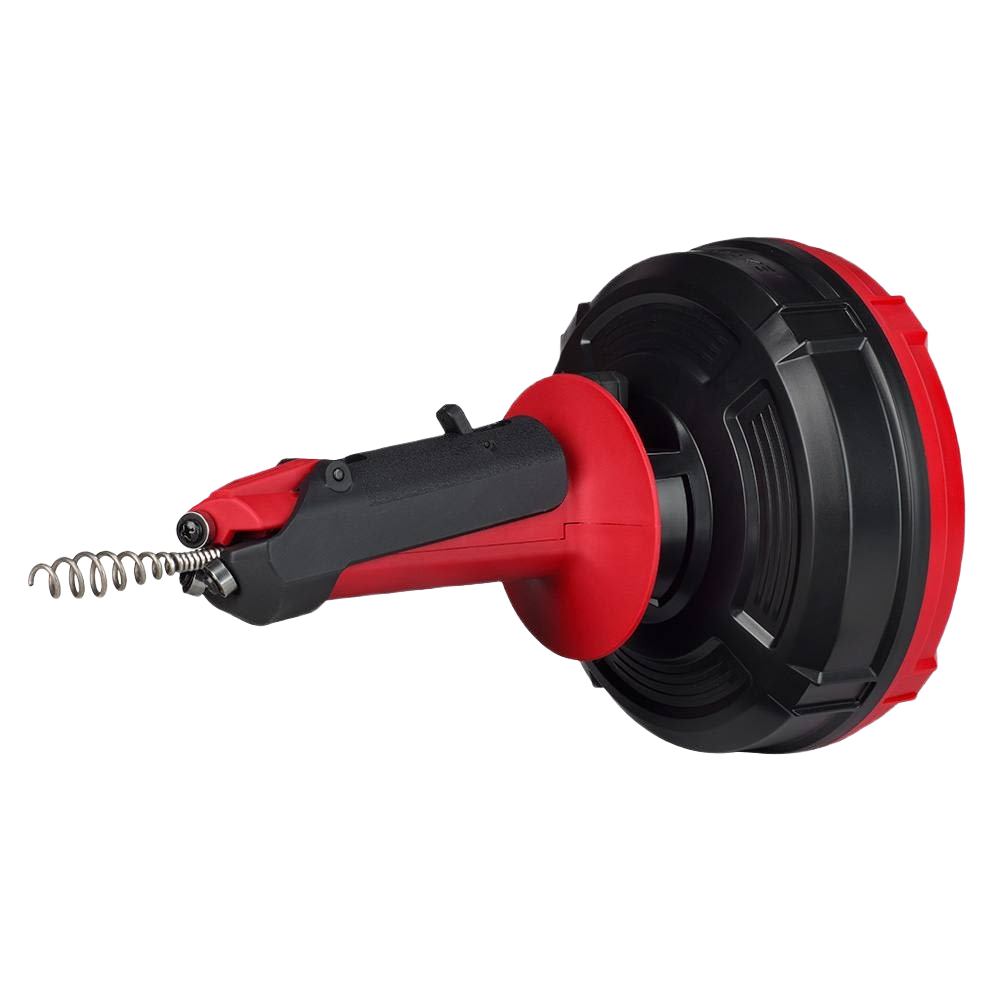 Red and black auger tool with ergonomic grip and coiled cable for plumbing and home improvement projects