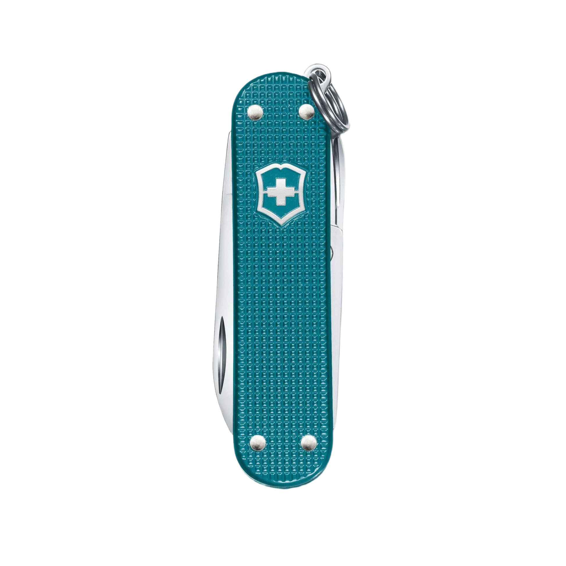 Compact teal alox pocket knife with keyring and multiple functions for woodworking and home improvement tasks