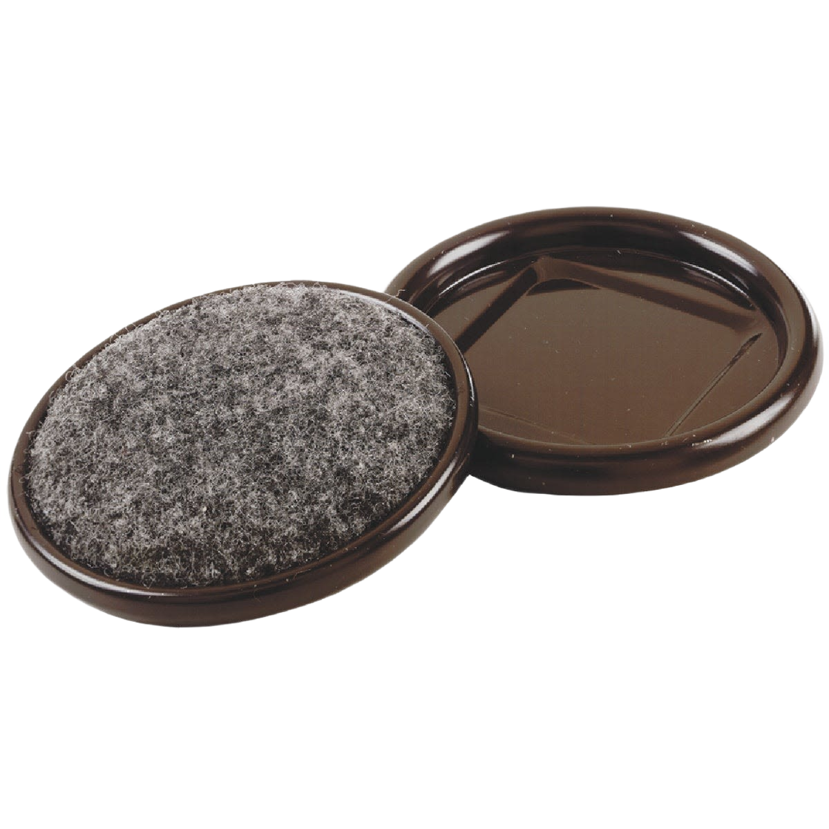 Set of two round brown plastic furniture leg cups with gray felt pads for protecting floors in home improvement use