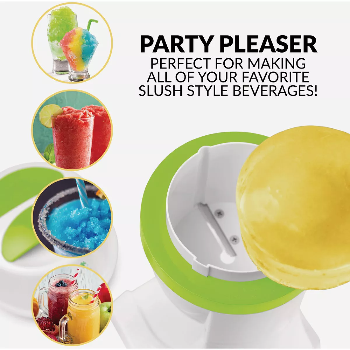 Close-up of a green and white electric shave ice machine with a yellow snow cone being shaved inside and colorful drinks nearby