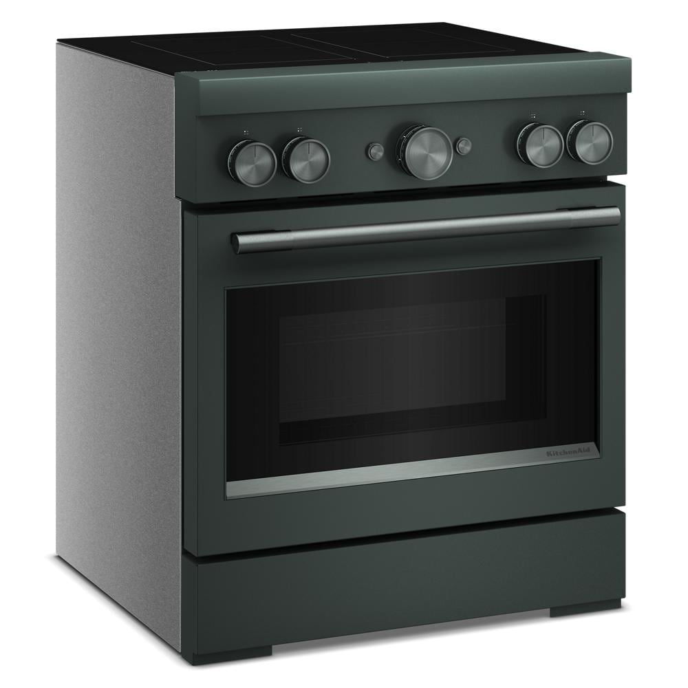 Dark green freestanding 30-inch induction range with four control knobs and stainless steel handle in KitchenAid ranges collection