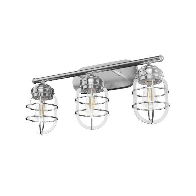 Three-light chrome bathroom vanity fixture with caged glass shades for rustic and modern wall lighting collections