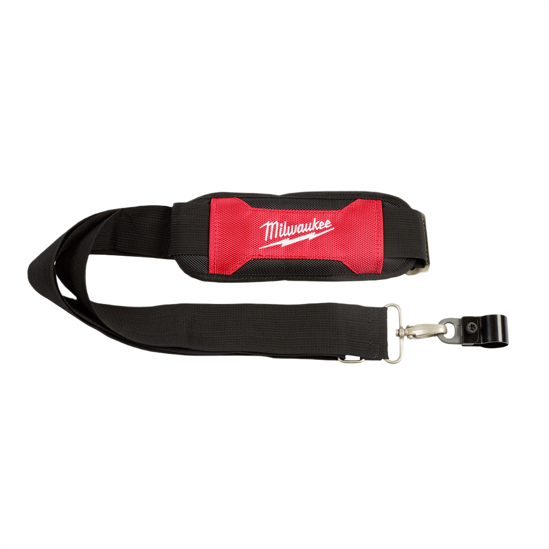 Black and red padded shoulder strap with metal clip for support in woodworking and tool storage collections
