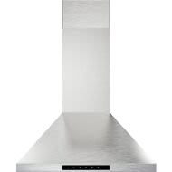 Brushed stainless steel 24-inch wall mounted chimney hood with digital touch controls from kitchen appliances collection