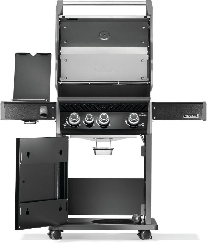 Black natural gas grill with four control knobs, open hood, side burner with lid, and open storage compartment below, suitable for outdoor grilling and cooking.