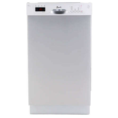 Compact silver freestanding dishwasher with digital display and control buttons for small-space kitchen or appliance setups