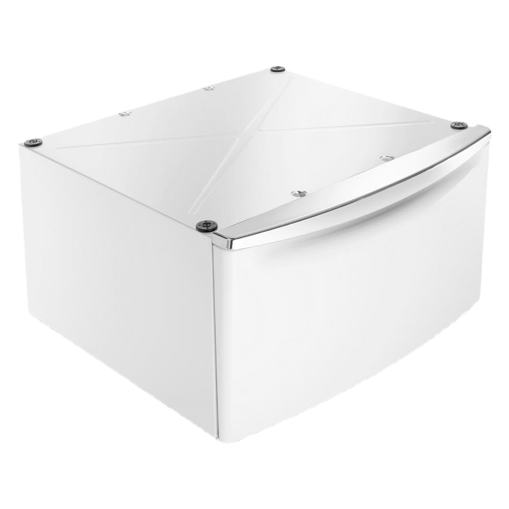 White laundry pedestal with drawer and curved handle for added storage in appliance accessories collection