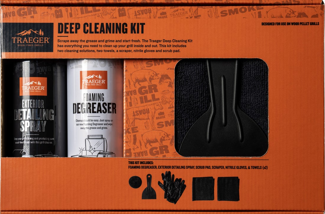 Traeger cleaning kit with foaming degreaser, exterior spray, scraper, gloves, and towels in grill accessories collection