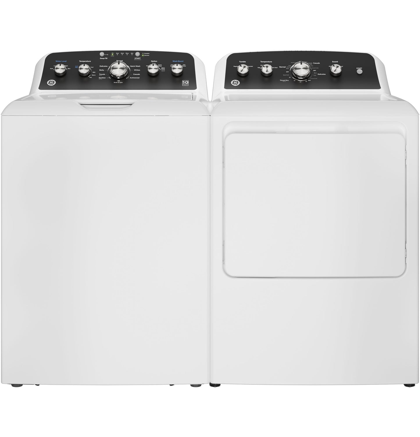 White top load washer and matching gas dryer with black control panels from Washers & Dryers and Appliances collection