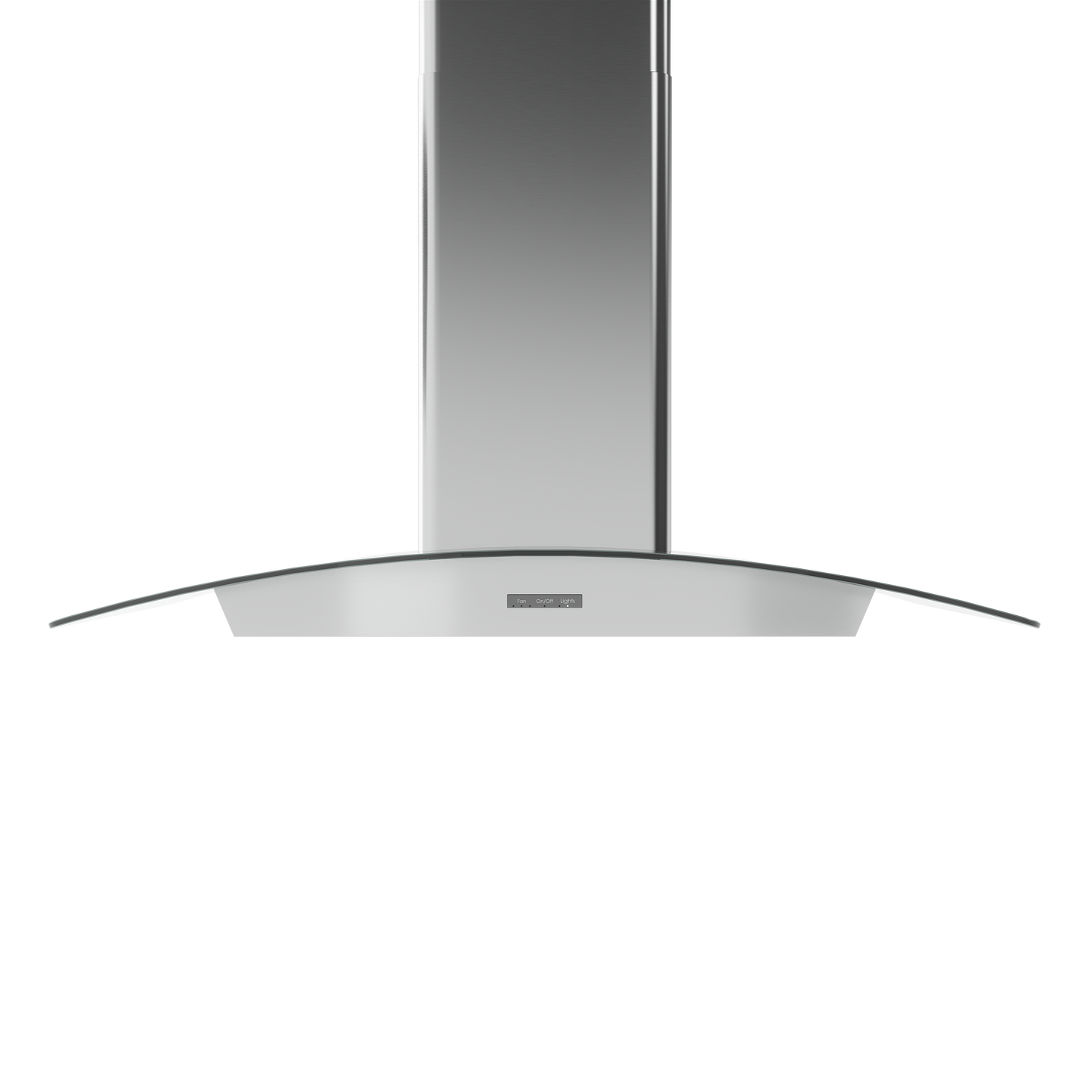 curved glass wall-mounted range hood with stainless steel chimney and LED control panel for kitchen use