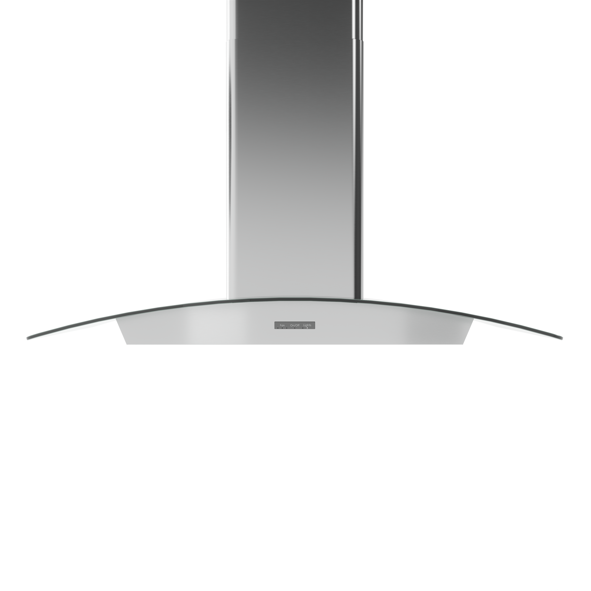 curved glass wall-mounted range hood with stainless steel chimney and LED control panel for kitchen use