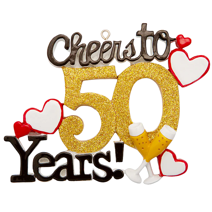 Gold glitter "Cheers to 50 Years!" ornament with clinking beer glasses and red and white heart accents for Christmas décor under $50
