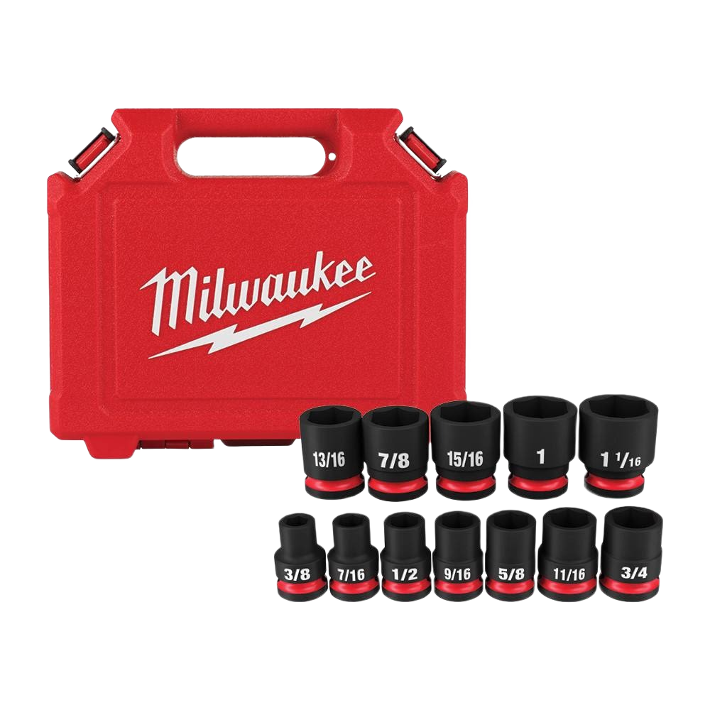 Milwaukee 12-piece impact duty socket set with red case for hand tools and home improvement projects