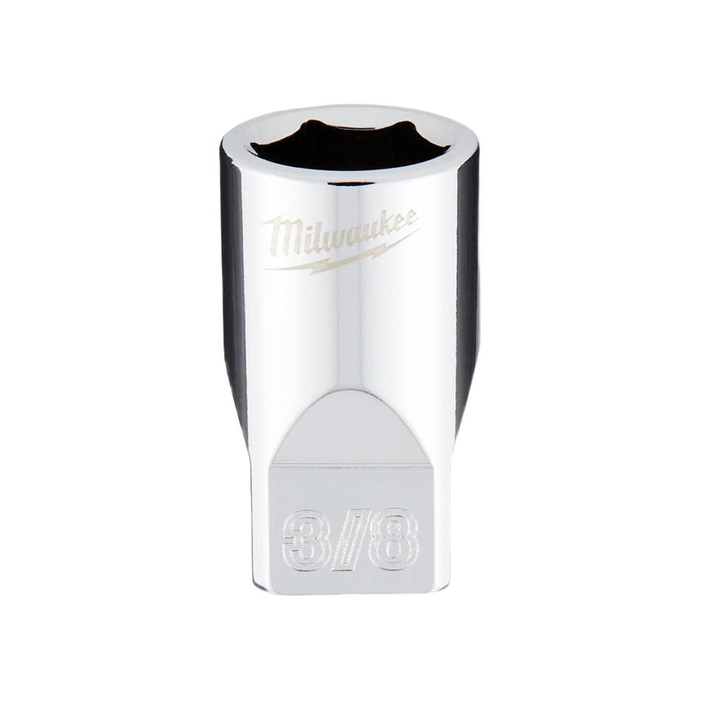 Chrome-finished 3/8-inch socket with six points and four flat sides designed for tools and home improvement tasks