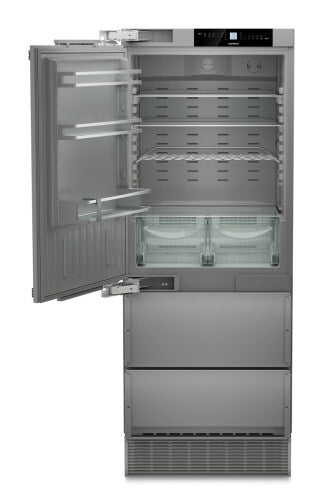 Built-in stainless steel refrigerator/freezer with left hinge, ice maker, adjustable shelves, and drawers in kitchen appliances collection