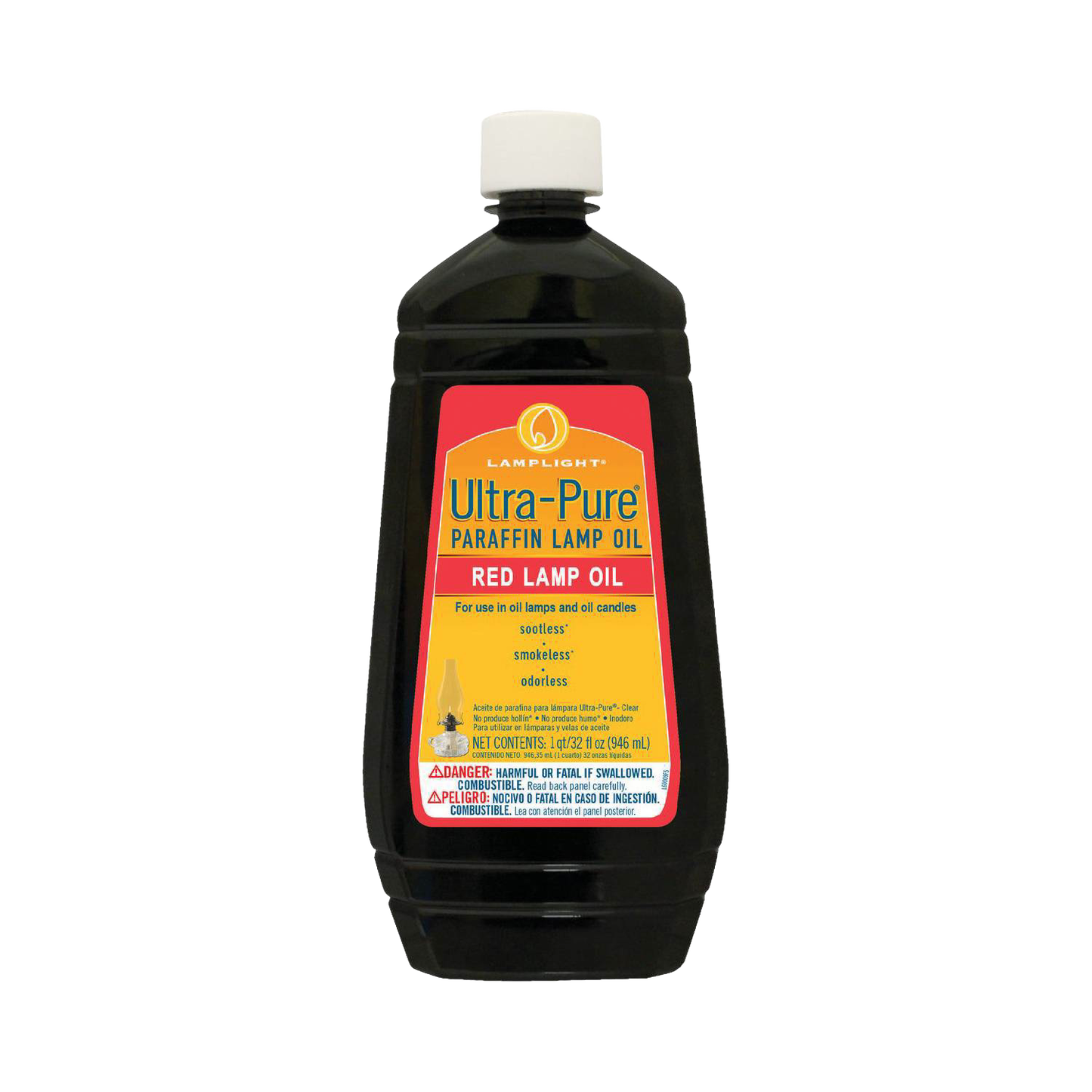 Black bottle of ultra-pure red paraffin lamp oil for clean and odorless burn in lighting and home decor.