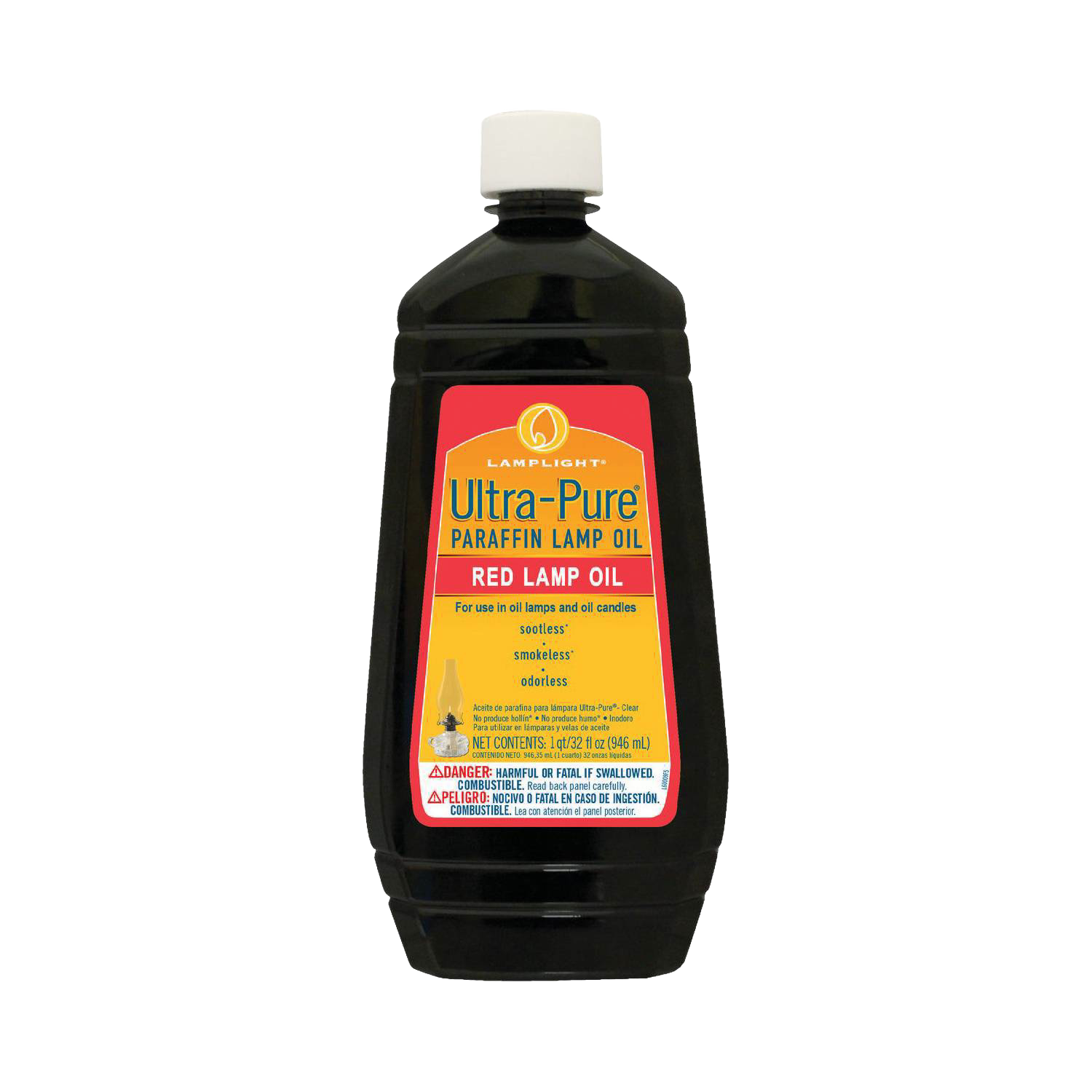 Black bottle of ultra-pure red paraffin lamp oil for clean and odorless burn in lighting and home decor.