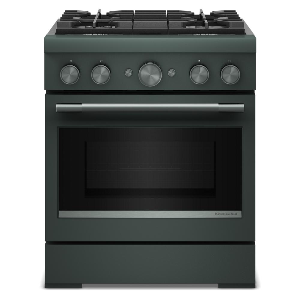 dark green 30-inch KitchenAid commercial-style dual fuel range with four burners and stainless steel handle in kitchen appliances collection