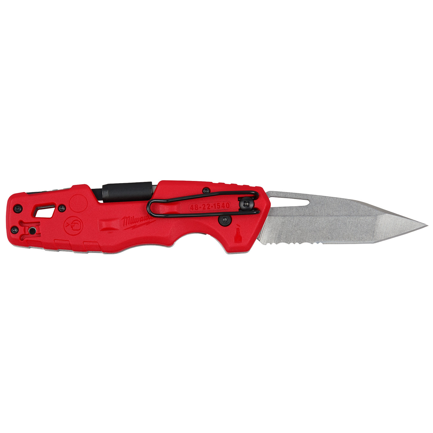 Red folding utility knife with stonewashed stainless steel blade and pocket clip for woodworking and cutting tools collections
