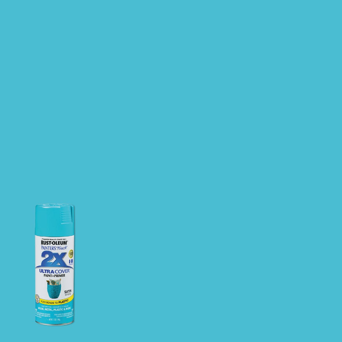 Rust-Oleum Painters' Touch 2X seaside satin spray paint and primer in a bright blue shade for home improvement projects