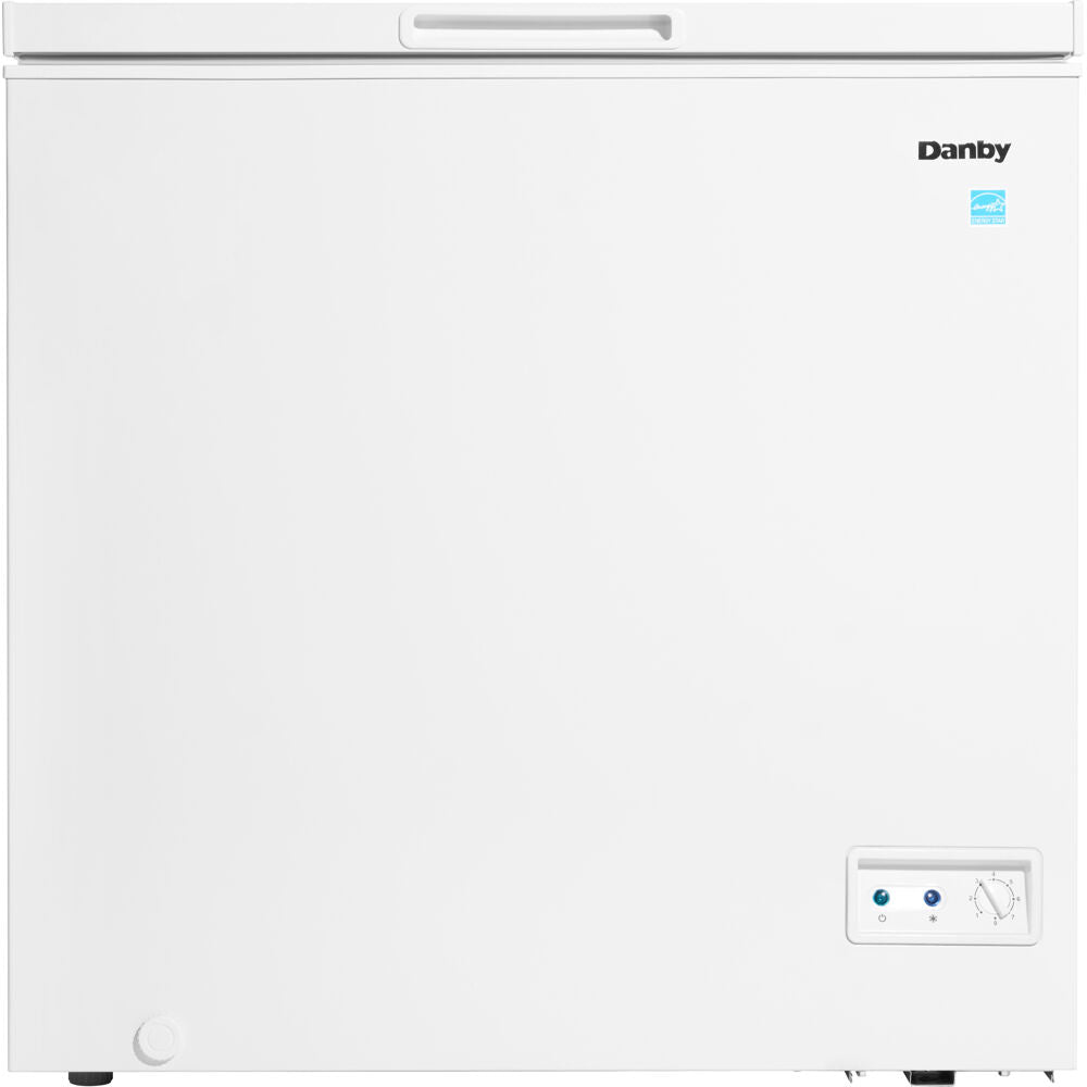 White chest freezer with front temperature control panel and indicator lights in kitchen appliance setting