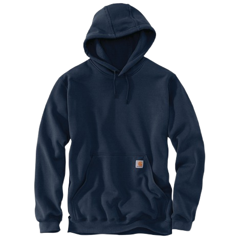 Men’s navy midweight cotton-polyester blend hoodie with loose fit, front pocket, and adjustable drawstring hood from Carhartt men’s collection